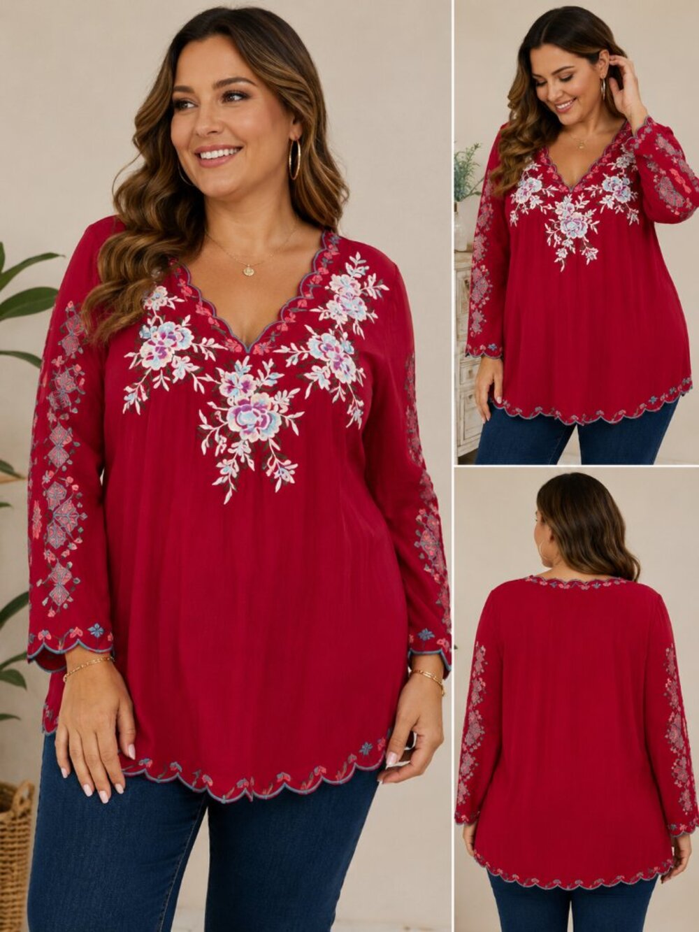AK Embroidered Rayon Tunic Top 3XL Red Floral Boho Peasant Blouse NWT - Picture 6 of 6